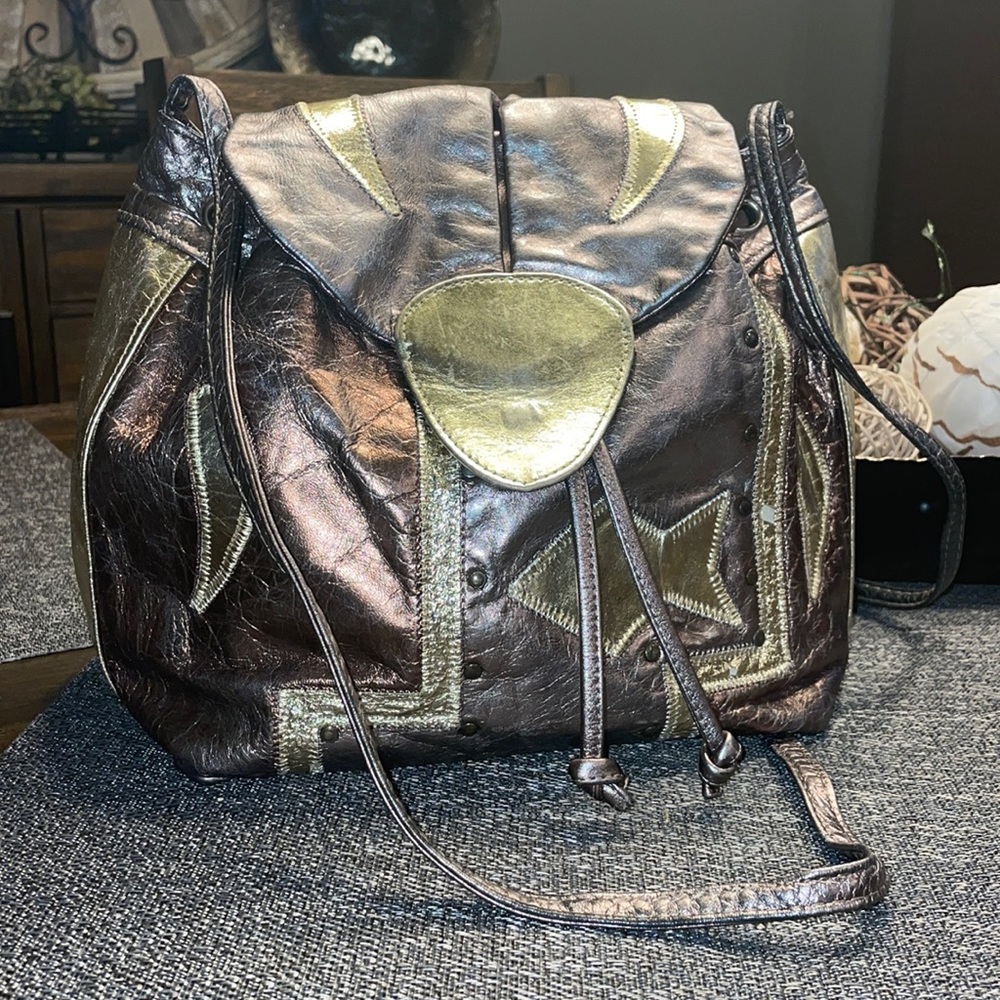 VINTAGE Patchwork Gold & Bronze Metallic Leather Crossbody Hobo Brand Unknown